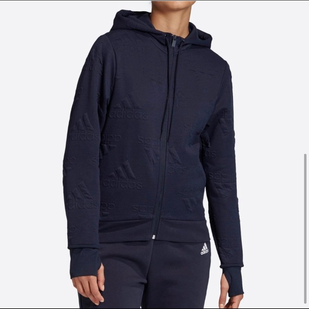 NWT Adidas Aeroready Navy Jacquard Logo Full Zip Hoodie Sz M